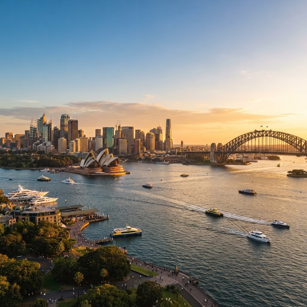 Australian city skyline and coastline at golden hour
